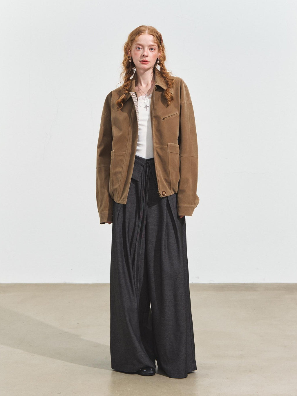 SOMESOWE Original Plaid Pocket Natural Waist Loose Women Casual Gray Straight Pants