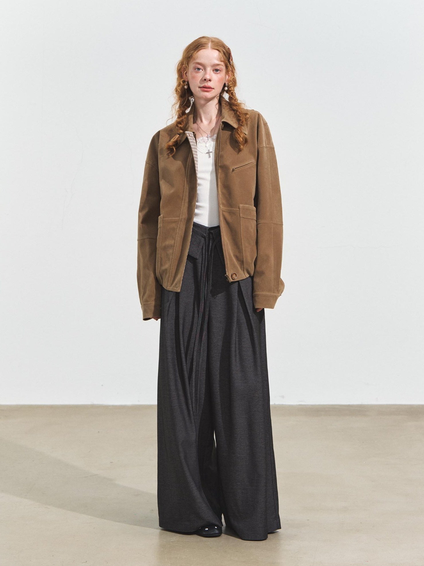 SOMESOWE Original Plaid Pocket Natural Waist Loose Women Casual Gray Straight Pants