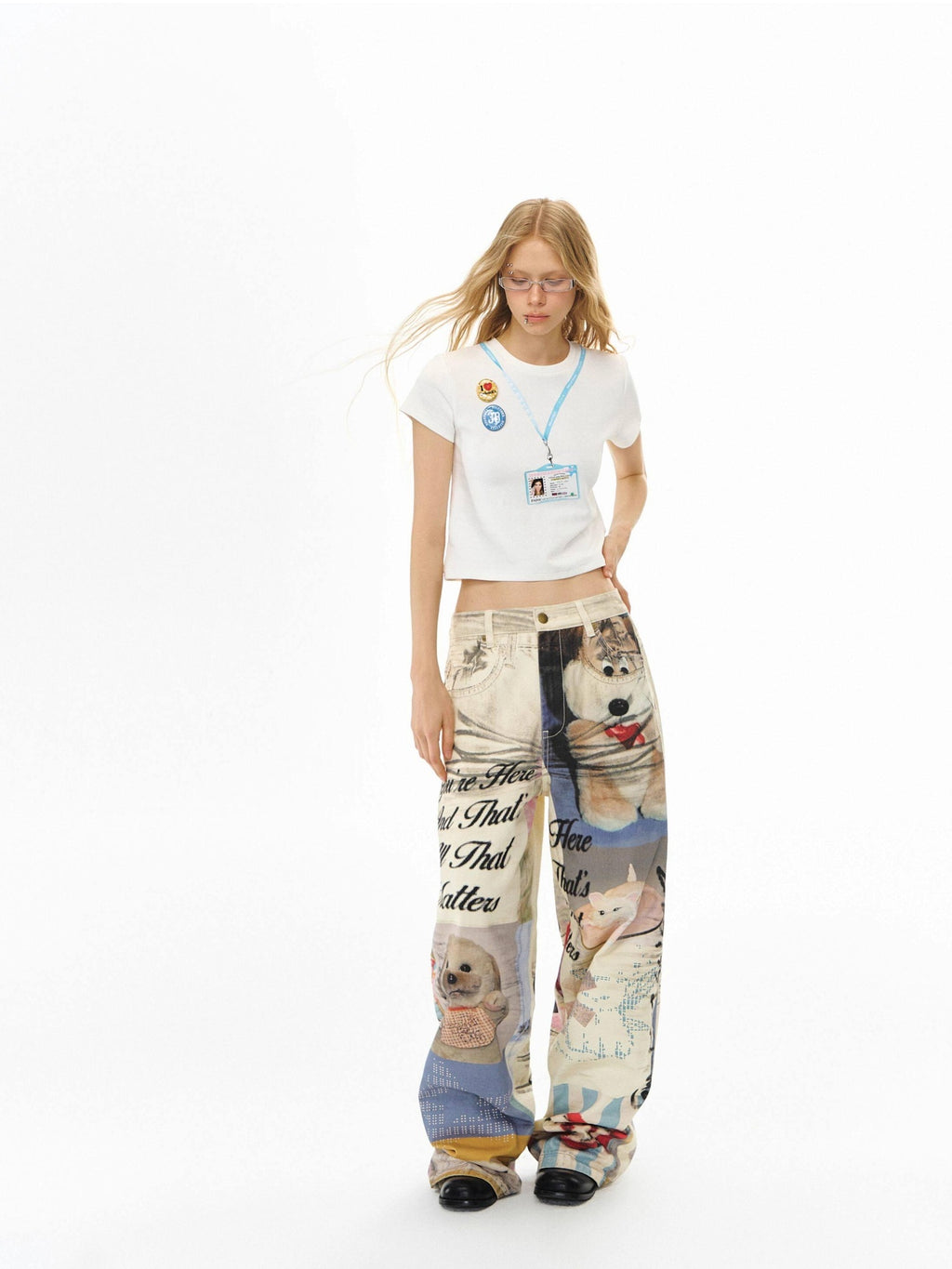 DeleteEx Cotton Washed Print Loose Natural Waist Zipper Wide Leg Jeans