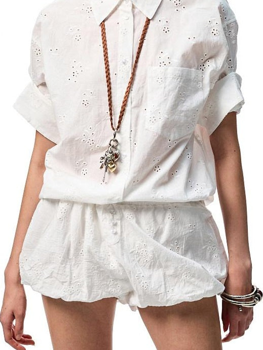 1JINN STUDIO Shape Retention Cotton Jacquard Loose Polo 3 4 Sleeve Women Top & Shorts Sets