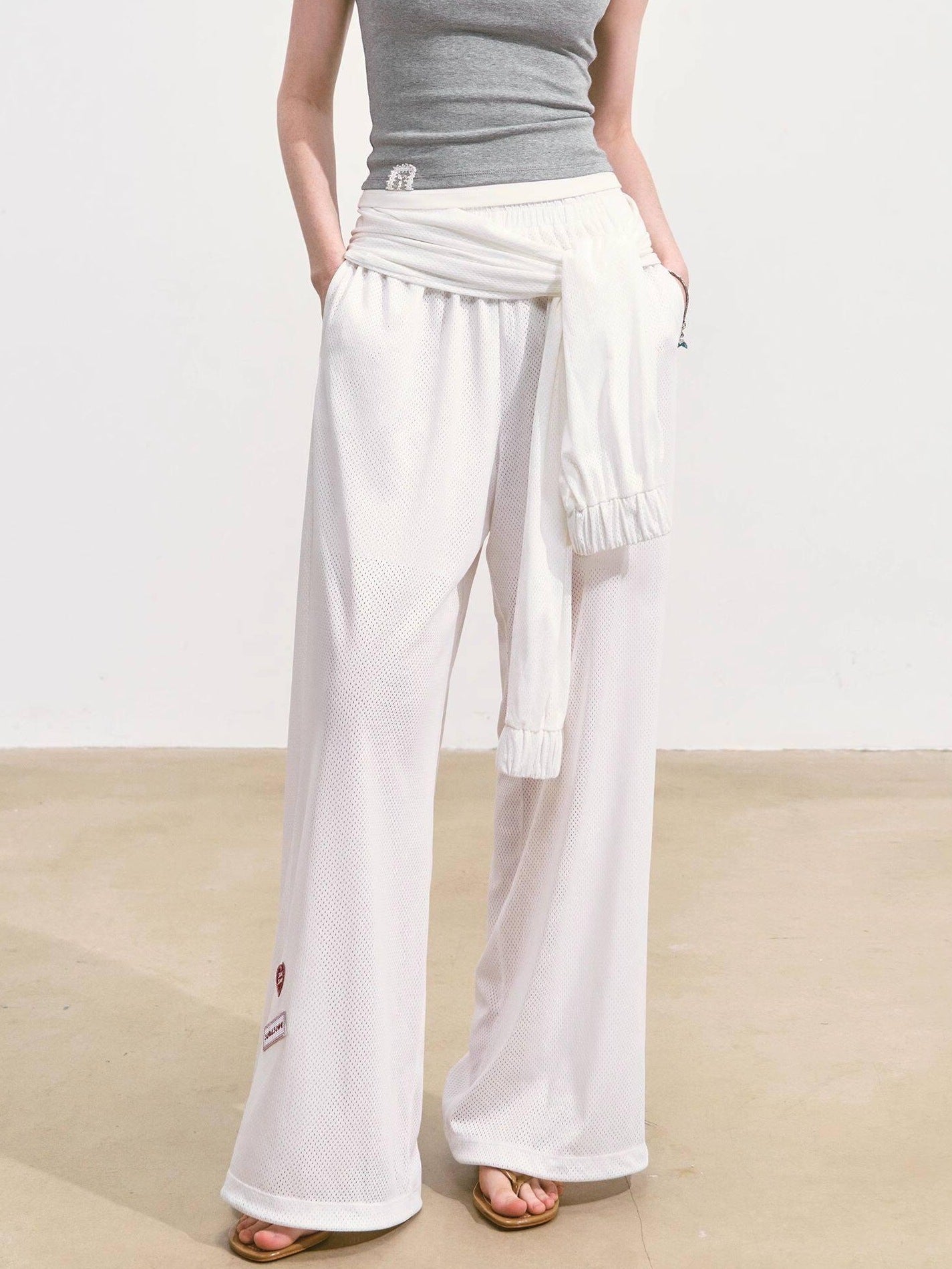 SOMESOWE Asymmetrical Pocket Versatile Straight Elastic Natural Waist Wide Leg Pants