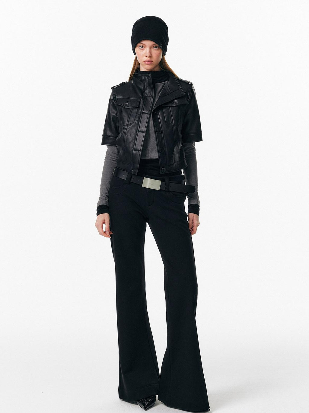 ALINNVSTUDIO Sleek Pu Slim Fit Cropped Short Sleeve Stand Collar Women Leather Jackets