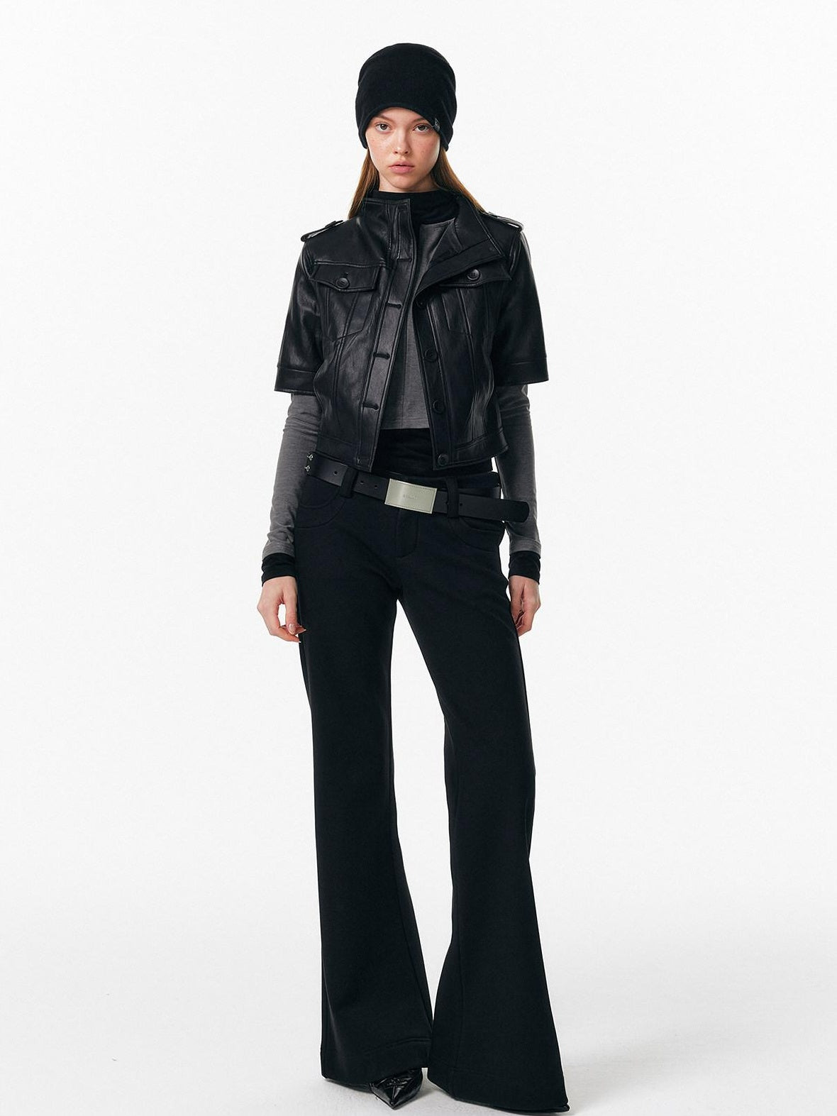 ALINNVSTUDIO Sleek Pu Slim Fit Cropped Short Sleeve Stand Collar Women Leather Jackets