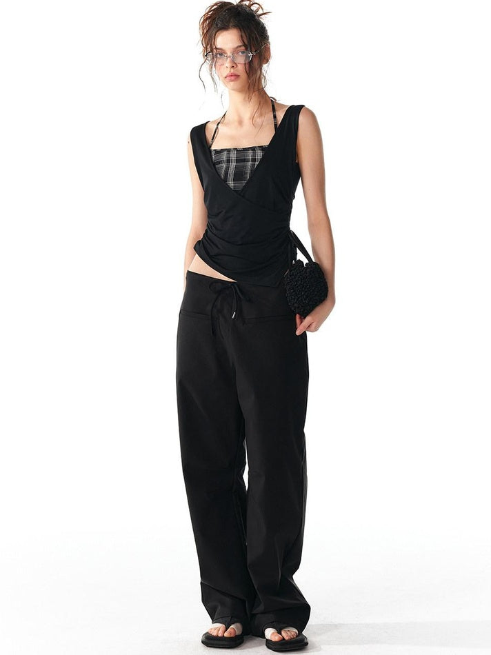 ALINNVSTUDIO Original Patchwork Design Slim Fit Modal Stretch Strappy Youth Black Tank Tops