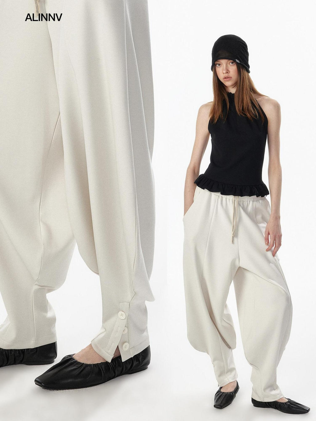 ALINNVSTUDIO Breathable Modal Loose Balloon Split Hem Natural Waist Women Black Sweatpants