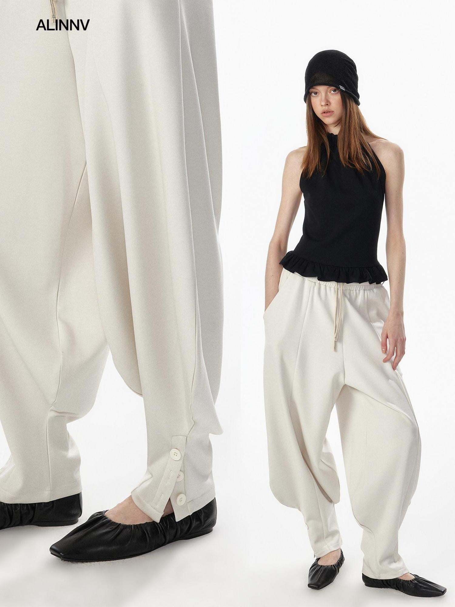 ALINNVSTUDIO Breathable Modal Loose Balloon Split Hem Natural Waist Women Black Sweatpants