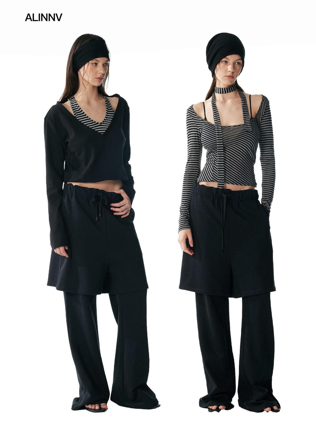 ALINNVSTUDIO Cozy Drawstring Layered Faux Two Piece Relaxed Low Rise Teen Casual Sweatpants