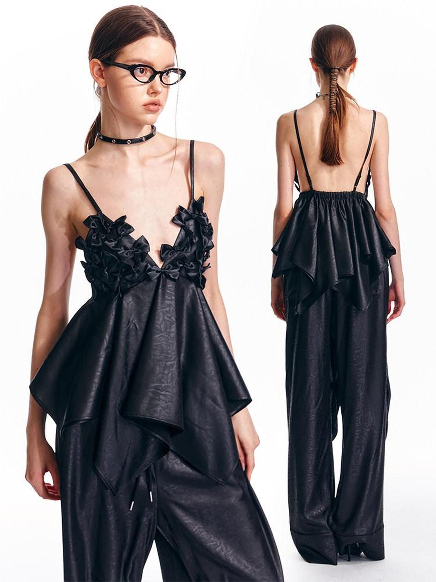 ALINNVSTUDIO Original Design Bow Accent Spaghetti Strap Slim Fit Women Black White Camisoles