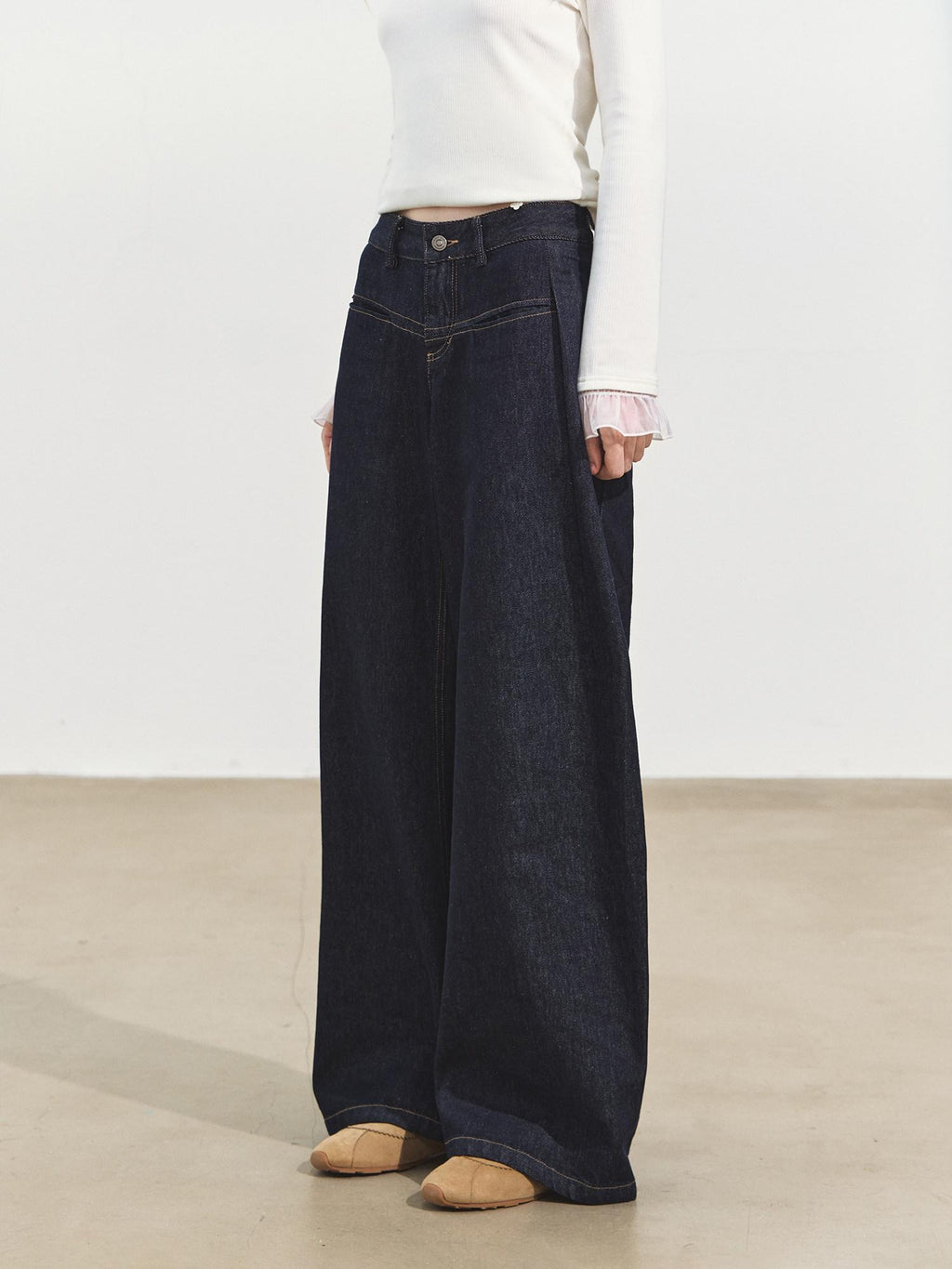 SOMESOWE Pleated Casual Natural Waist Loose Cotton Pocket Zip Blue Women Wide Leg Jeans