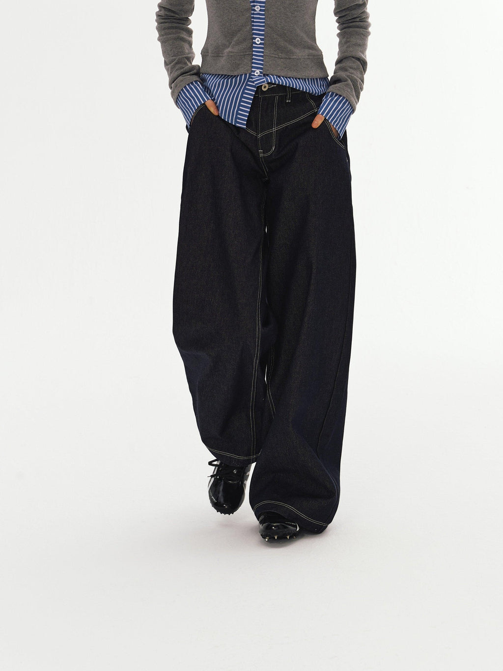 DeleteEx Dark Indigo Original Denim Relaxed Natural Waist Loose Casual Wide Leg Jeans