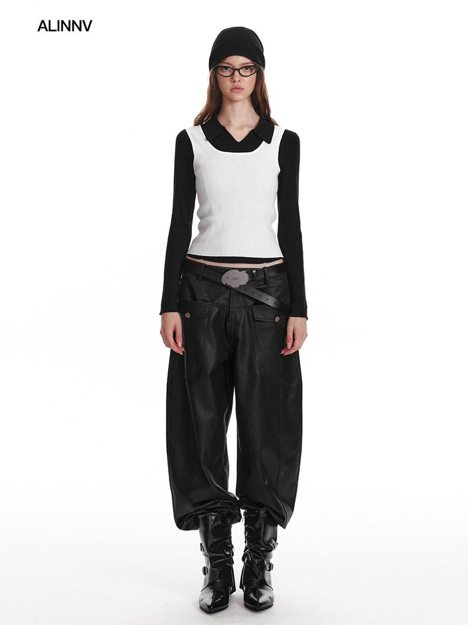 ALINNVSTUDIO Office Casual Two Piece Layered Vest Set Youth Solid Long Sleeve T-Shirts