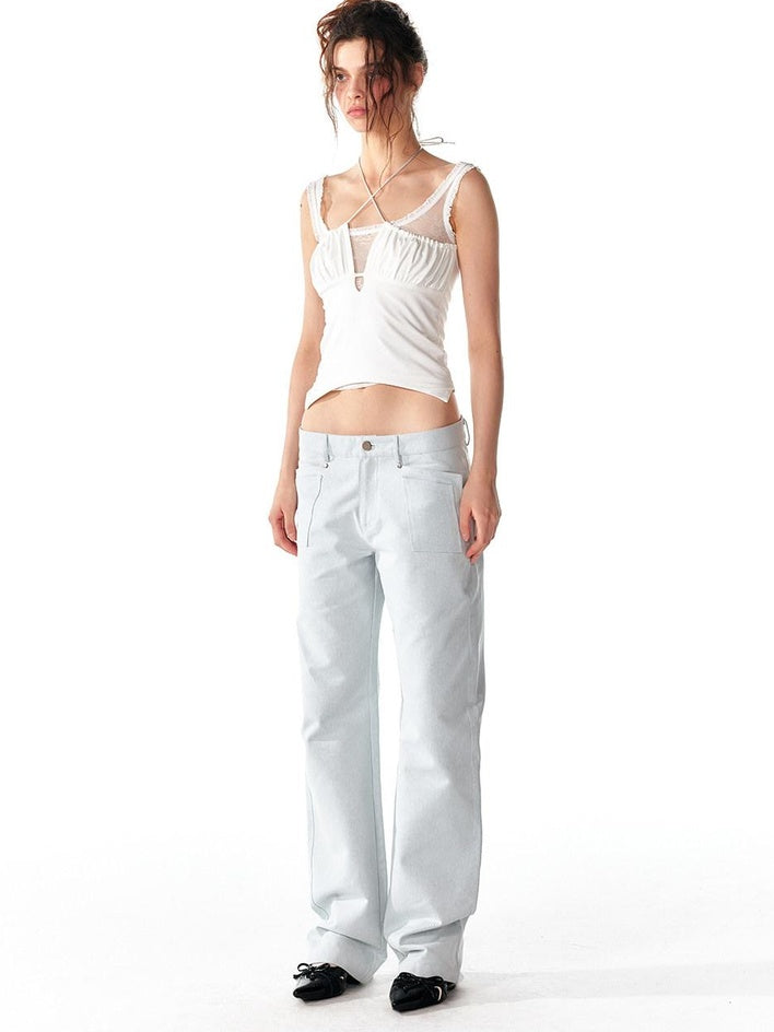 ALINNVSTUDIO Cotton Zip Fly Relaxed Fit Womens Dark Blue Light Blue Straight Leg Jeans