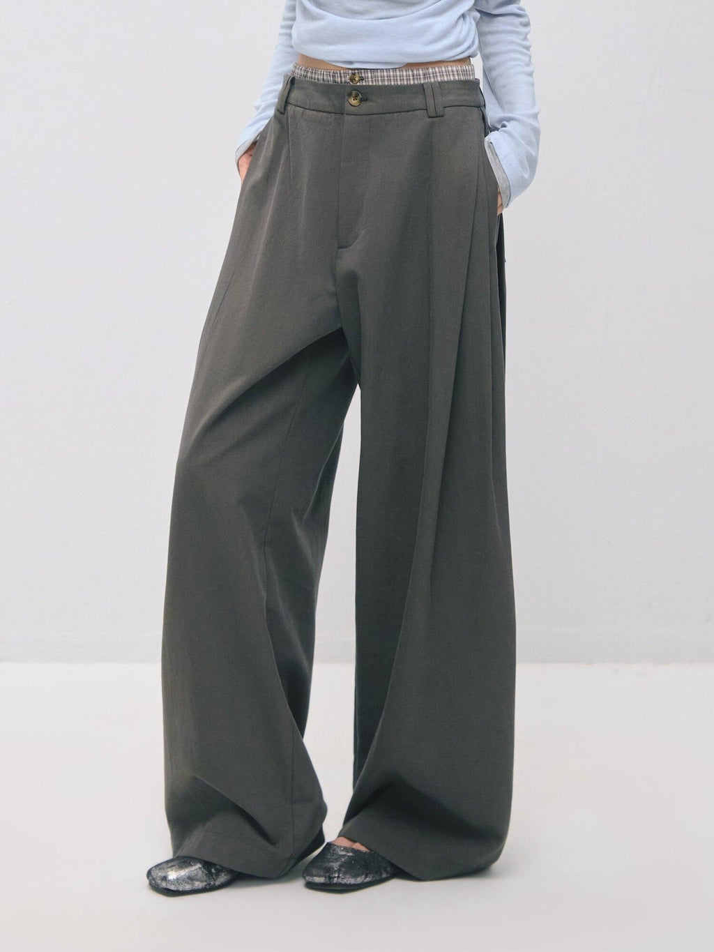 SOMESOWE Drawstring Pocket Relaxed Natural Waist Women Solid Khaki Grey Wide Leg Pants