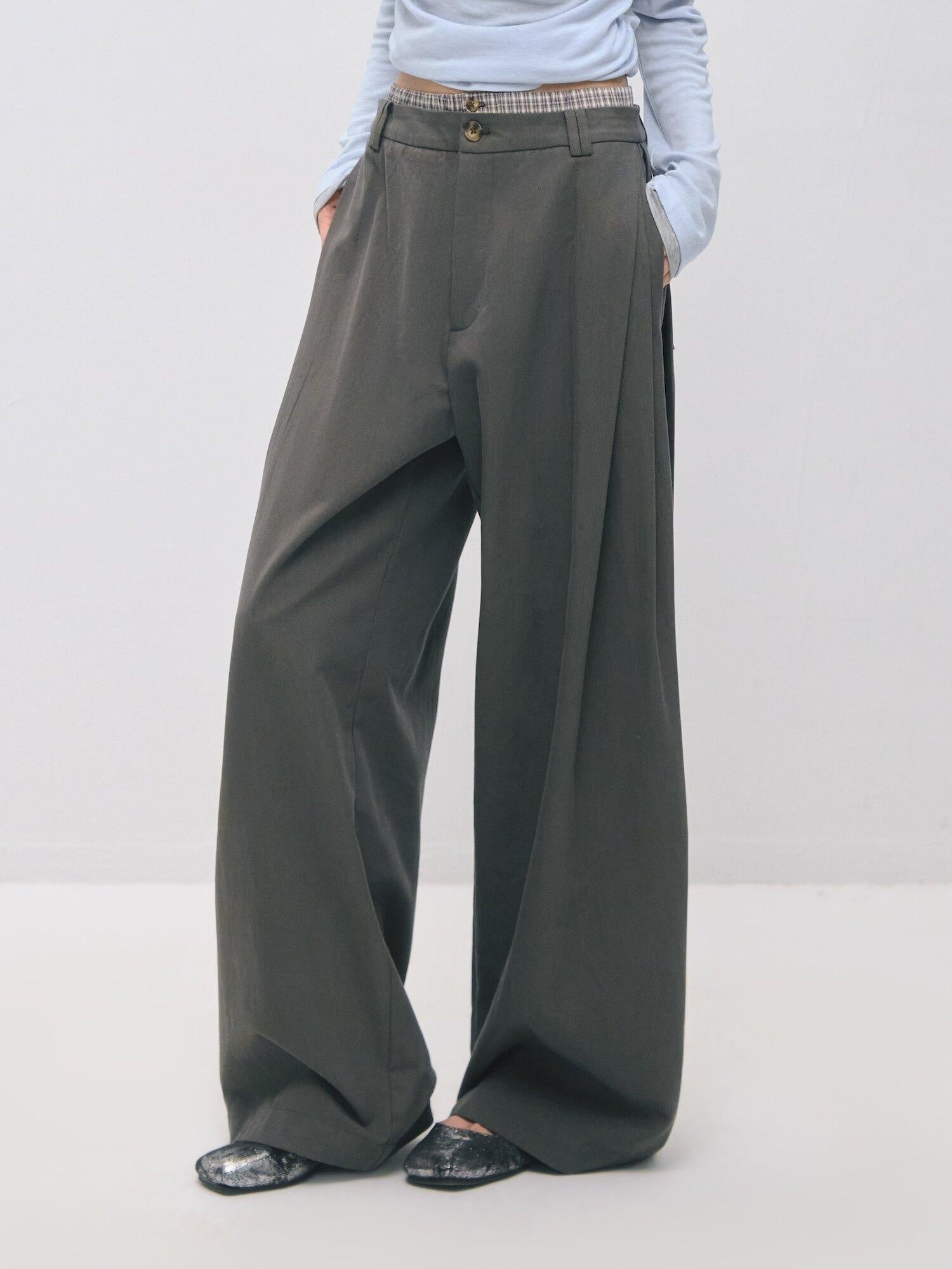 SOMESOWE Drawstring Pocket Relaxed Natural Waist Women Solid Khaki Grey Wide Leg Pants