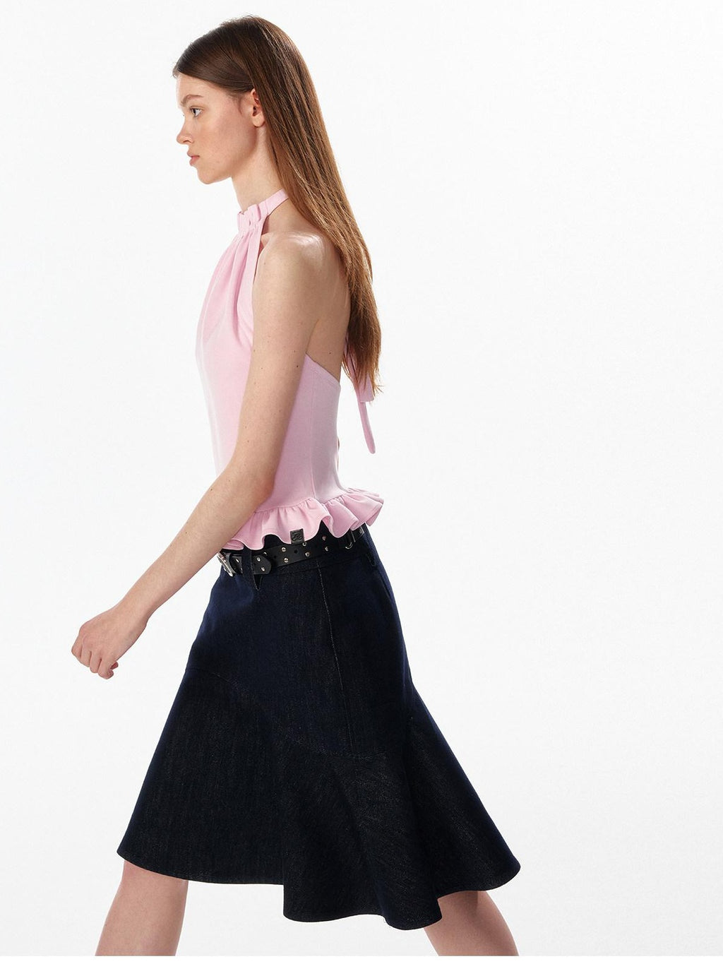 ALINNVSTUDIO Ruffle Trim Cropped Fitted Waist Halter Mock Neck Women Modal Blend Tank Tops