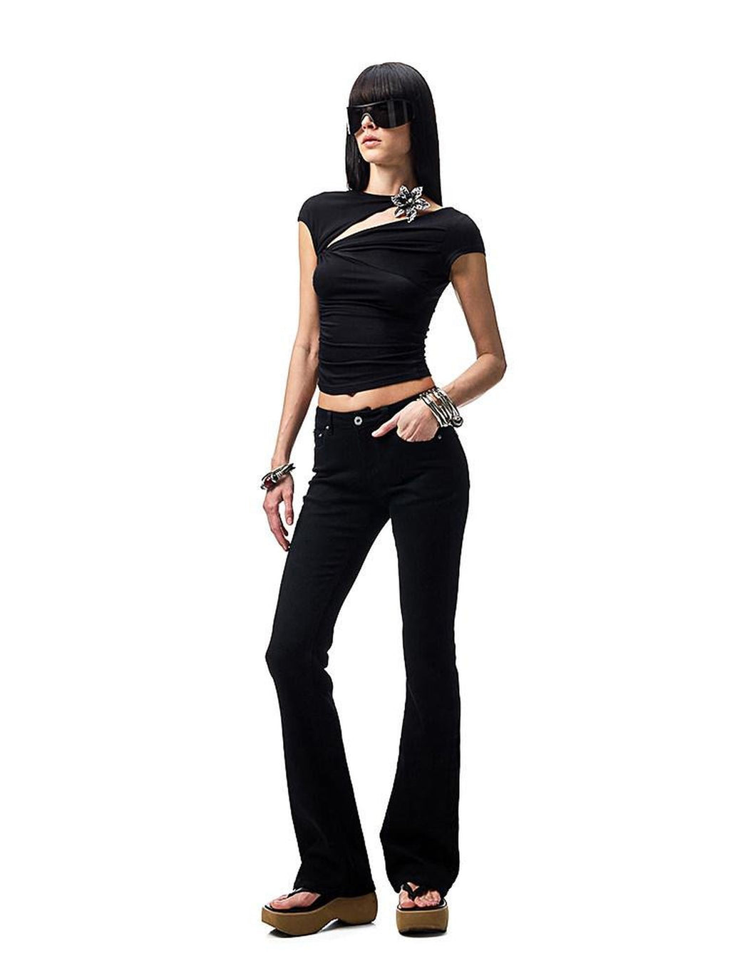 1JINN STUDIO Moisture Wicking Eco Slim Ruched Panel Cross Print Short Sleeve T-Shirts