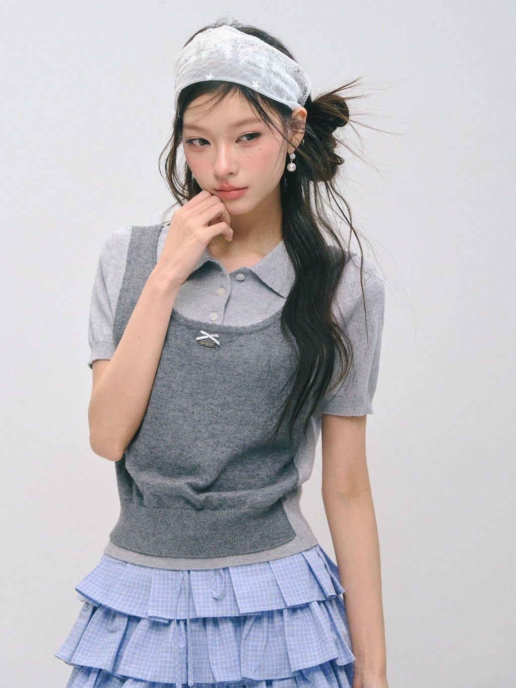 SOMESOWE Polka Dot Two Piece Casual Knit Short Sleeve Pullover Crew Neck Women Sweaters