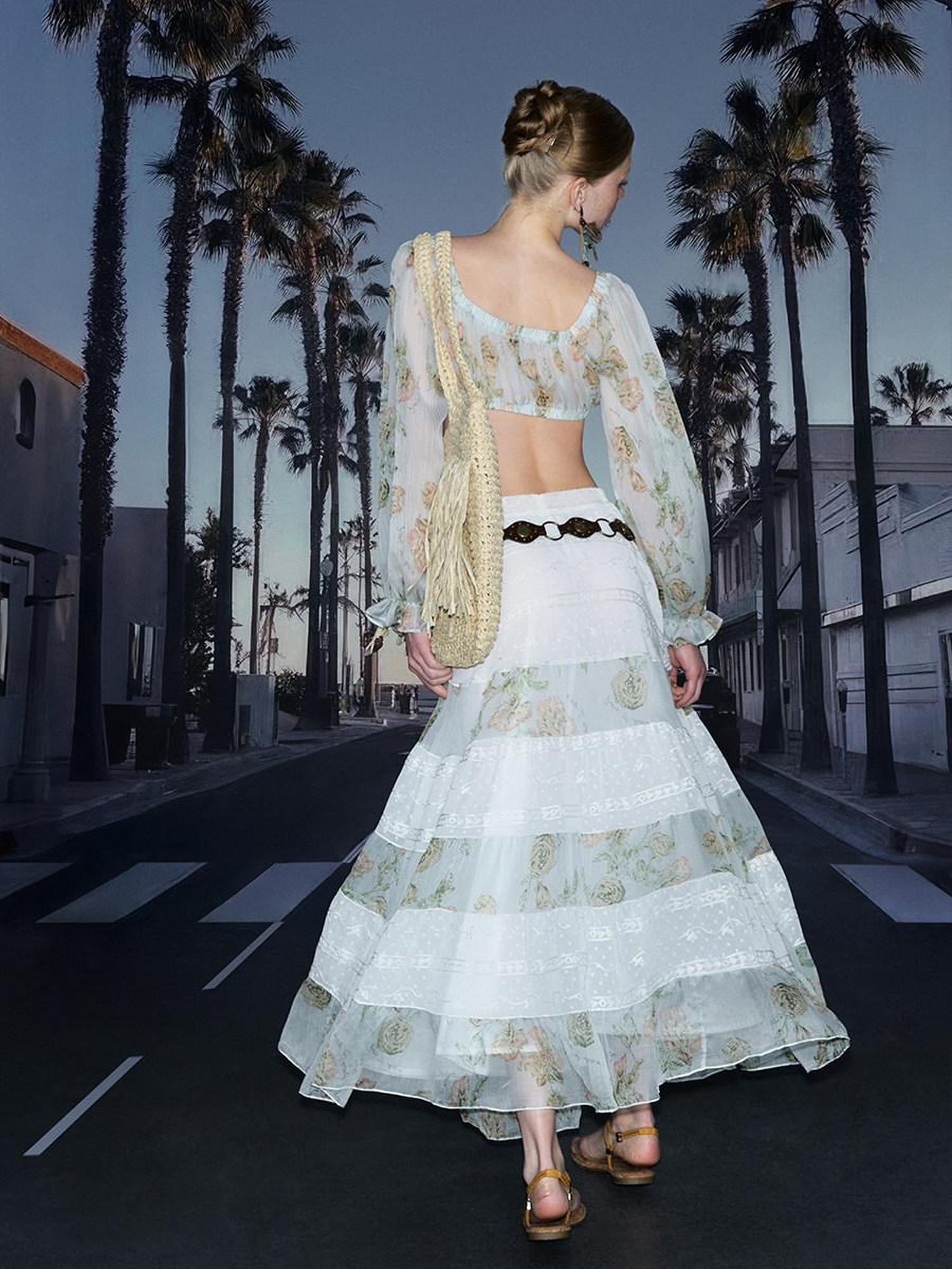 DeleteEx Soft Korean Tiered Mid Rise Loose Fit White Green Floral Patchwork Maxi Skirts