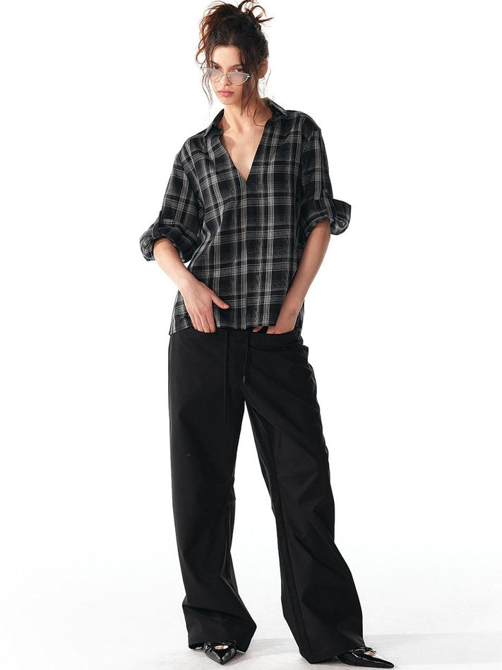 ALINNVSTUDIO Soft Lyocell Cupro Blend Oversized V-neck Button Front Plaid Casual Shirts