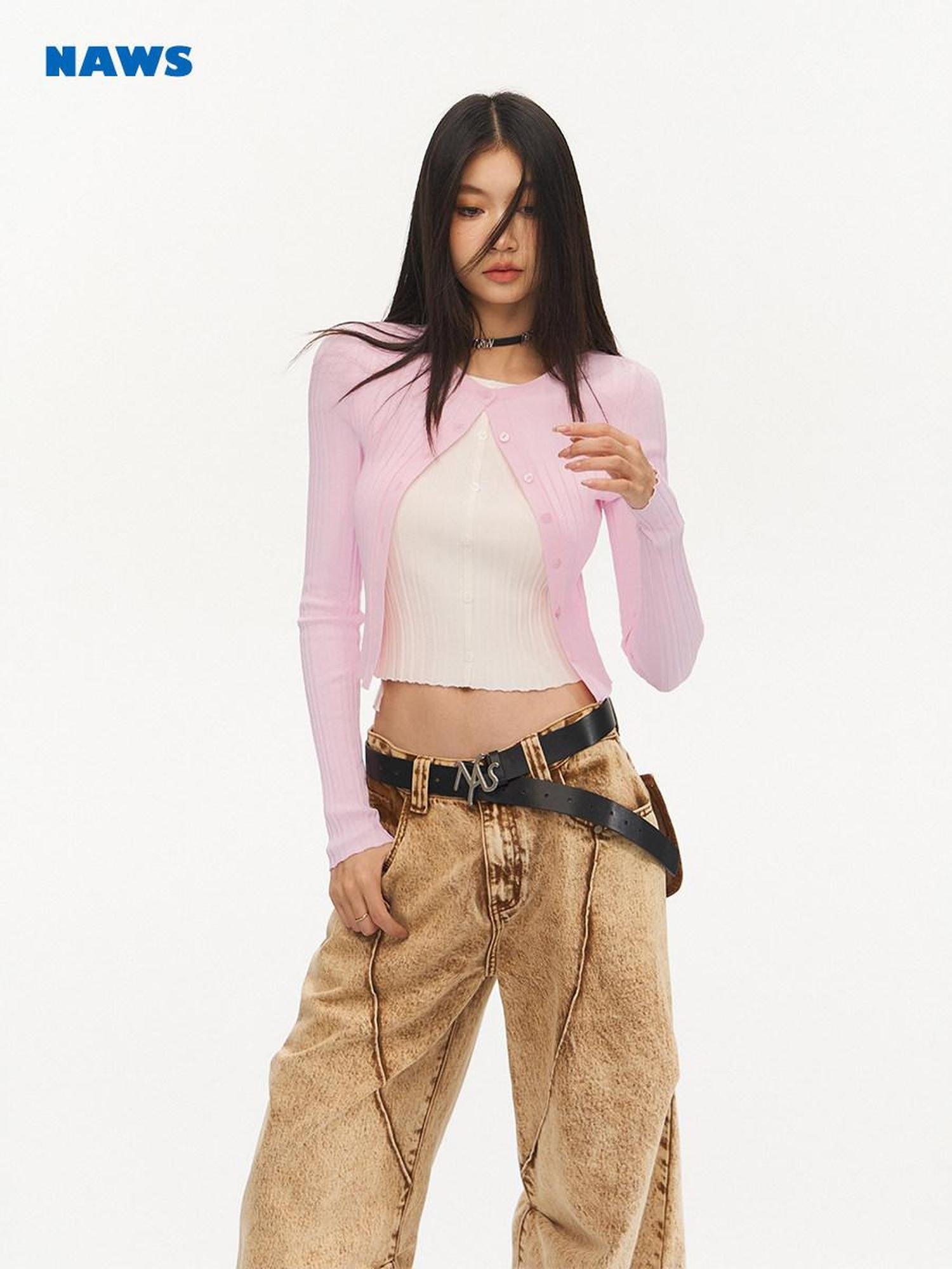 NAWSNOTAWEAR Slim Fit Colorblock Button Cardigan Faux Two Piece Women Long Sleeve Crop Tops