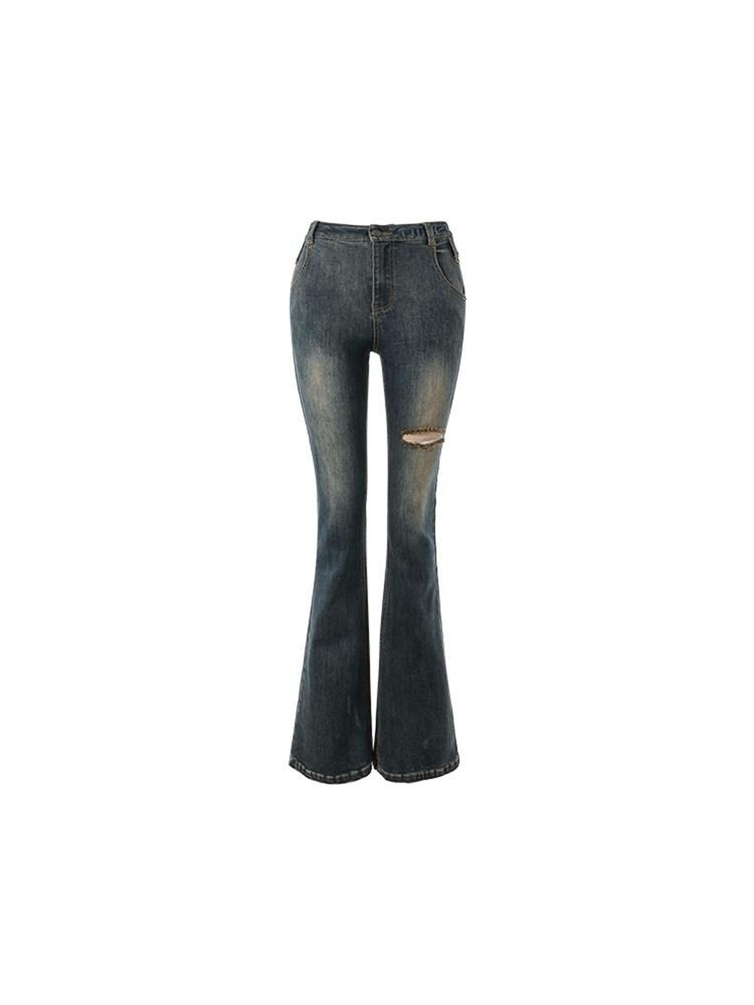 1JINN STUDIO Thick Micro Stretch Vintage Washed Slim Natural Waist Women Denim Flared Jeans