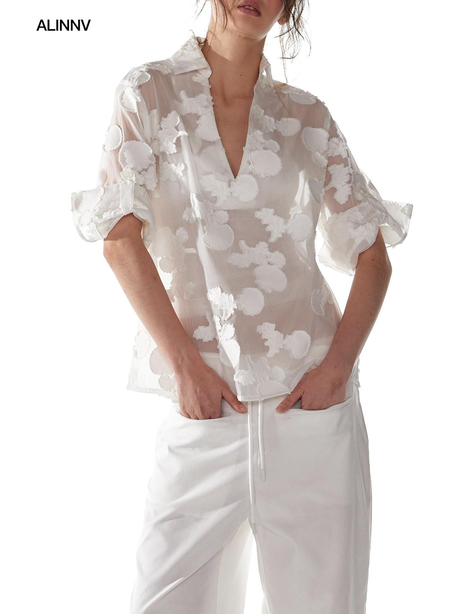 ALINNVSTUDIO Original Design Loose V-neck Short Sleeve Button Front Women Solid White Blouses