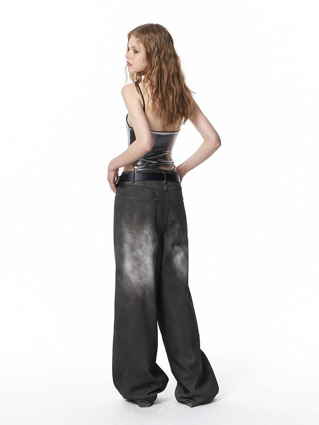 ALINNVSTUDIO Distressed Vintage Natural Waist Long Dark Gray Zip Fly Denim Wide Leg Jeans