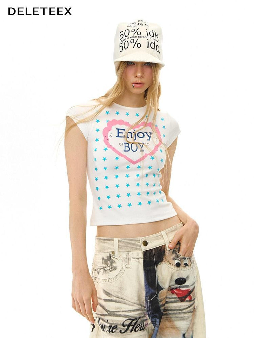 DeleteEx Cute Printed Slim Fit Round Neck Flutter Sleeve Cropped Ivory Basic Crop Tops