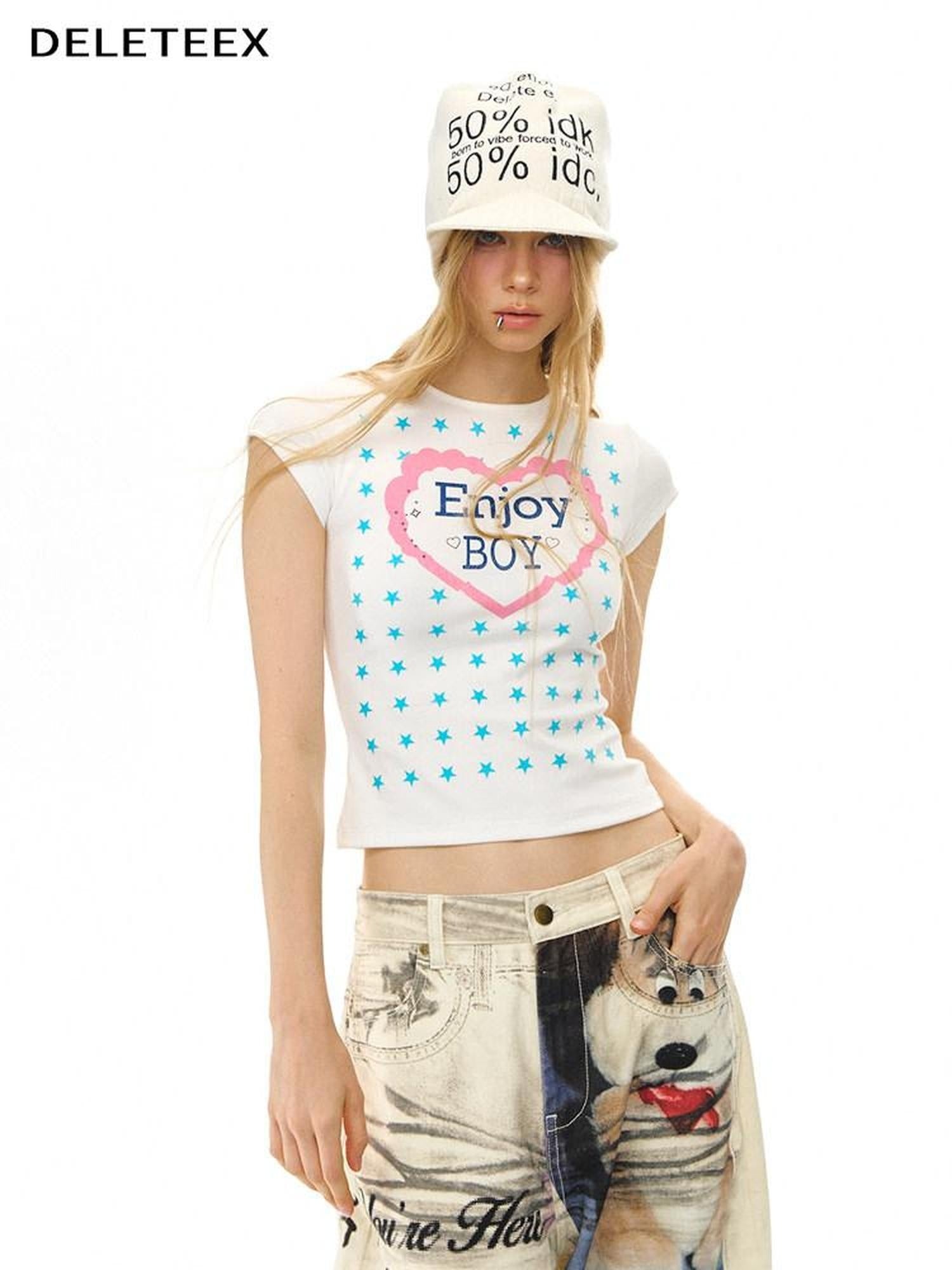 DeleteEx Cute Printed Slim Fit Round Neck Flutter Sleeve Cropped Ivory Basic Crop Tops