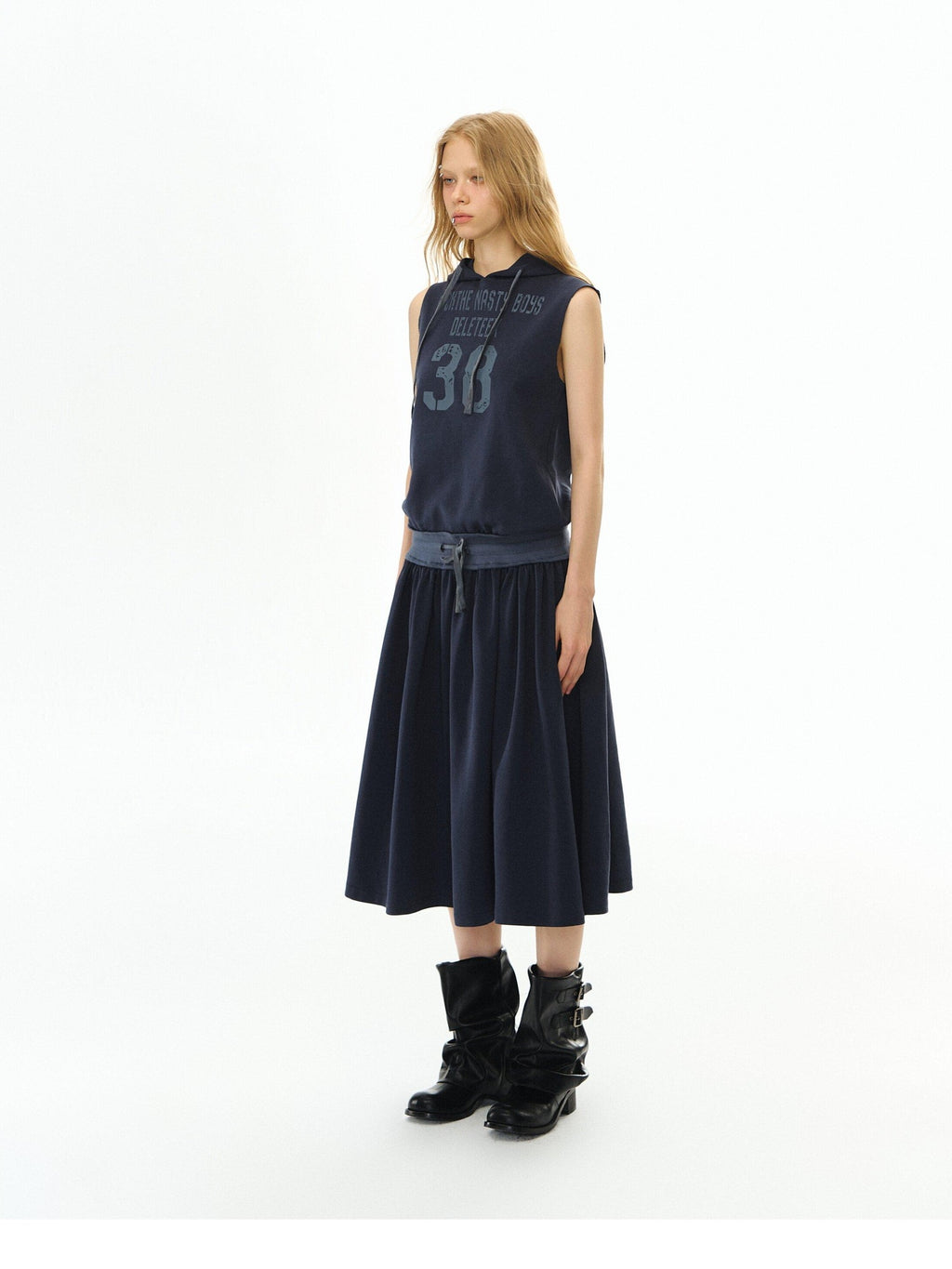 DeleteEx Soft Cotton Blend Elastic Waist Insta Sleeveless Printed Vest Navy Midi Dresses