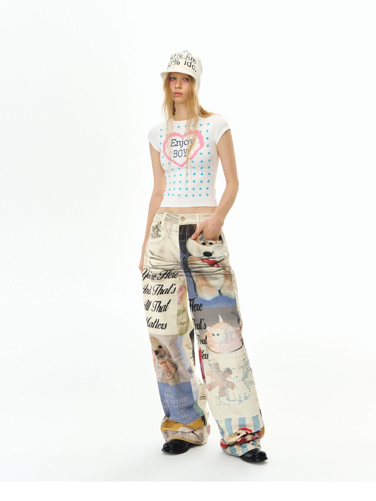 DeleteEx Cotton Washed Print Loose Natural Waist Zipper Wide Leg Jeans