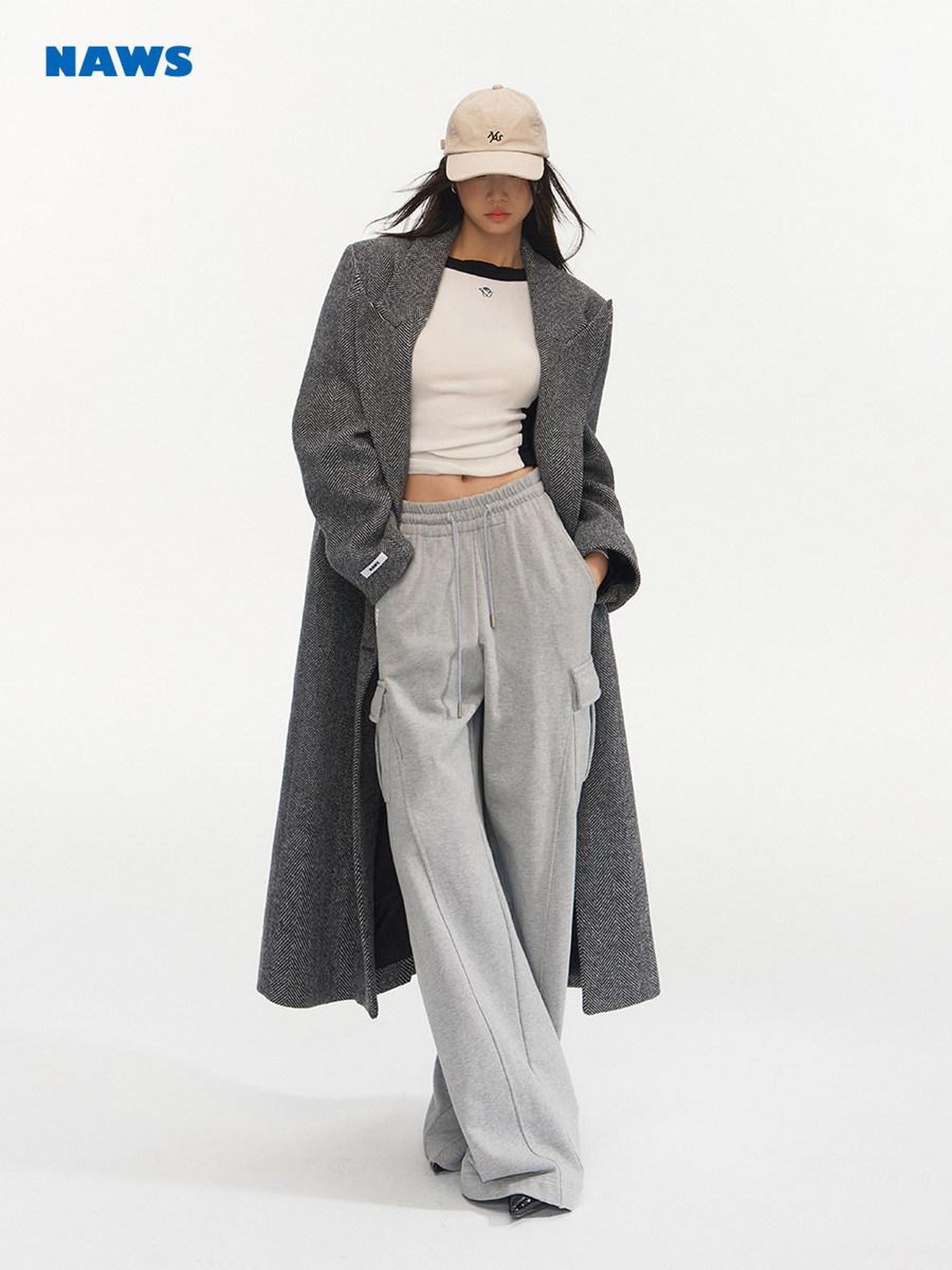NAWSNOTAWEAR Herringbone Wool Blend Loose Fit Blazer Collar Women Single Breasted Wool Coats