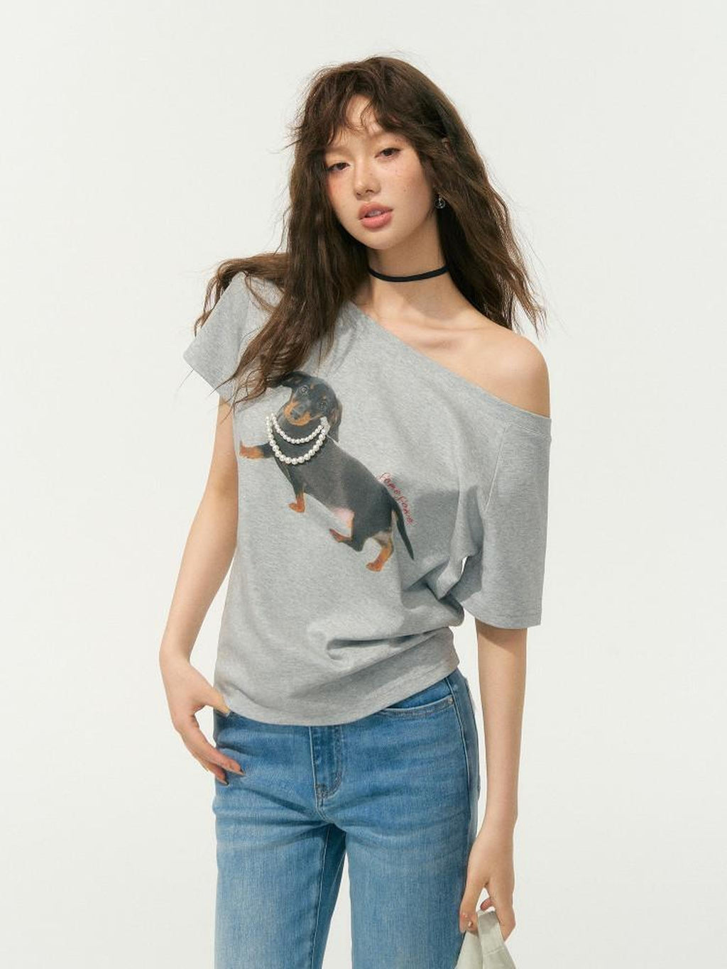 SOMESOWE Stretch Cotton Oversized Asymmetric Neck Animal Embroidered Short Sleeve T-Shirts
