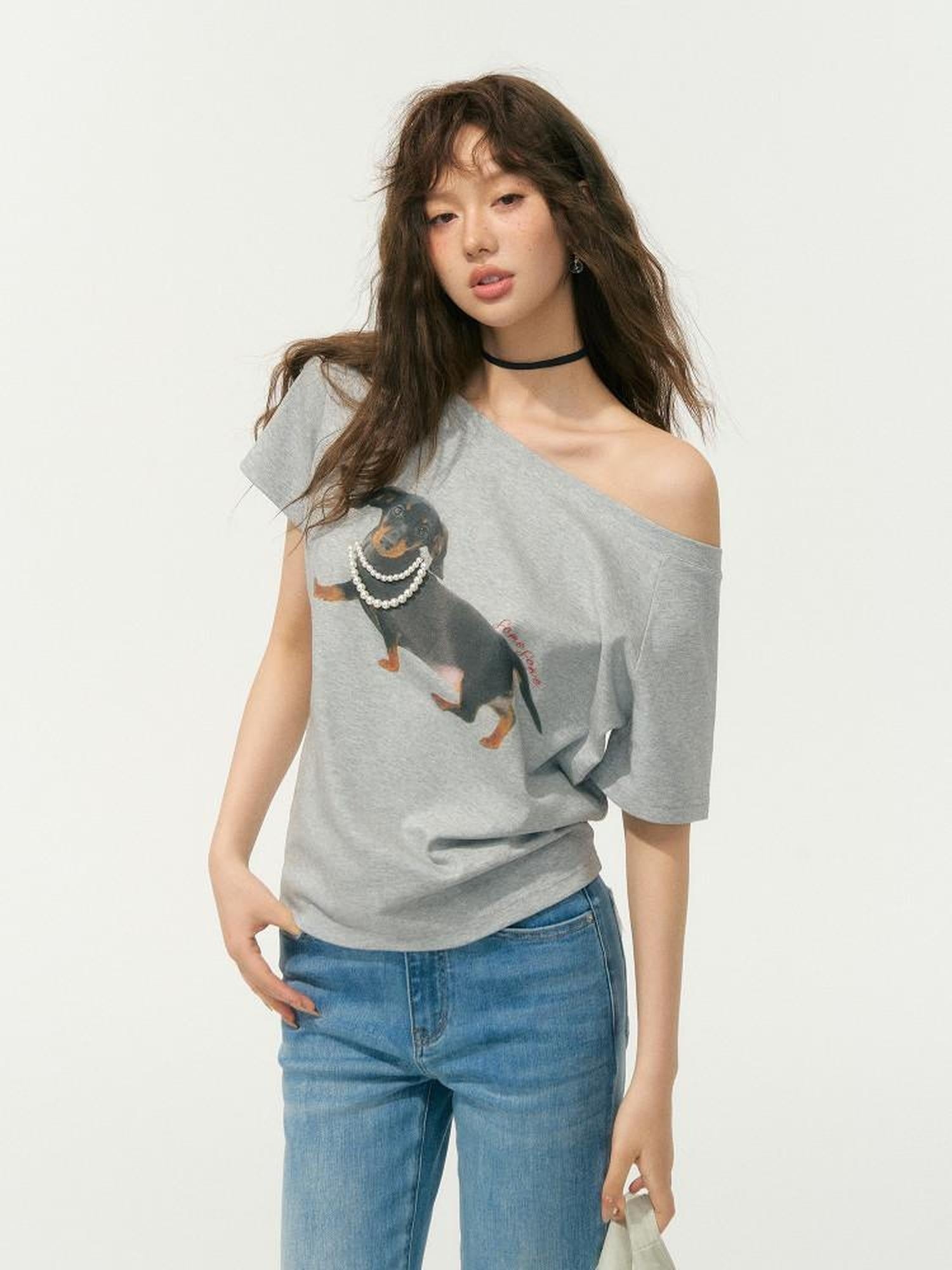 SOMESOWE Stretch Cotton Oversized Asymmetric Neck Animal Embroidered Short Sleeve T-Shirts