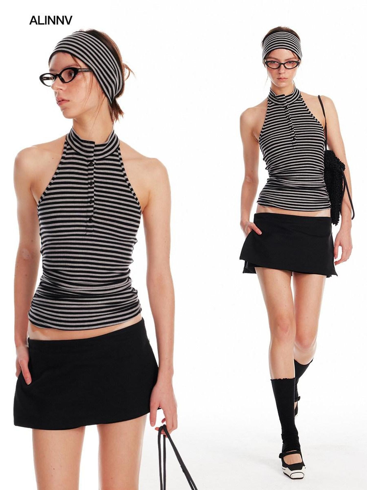 ALINNVSTUDIO Asymmetric Halter Striped Slim Fit Original Design Young Women Casual Tank Tops