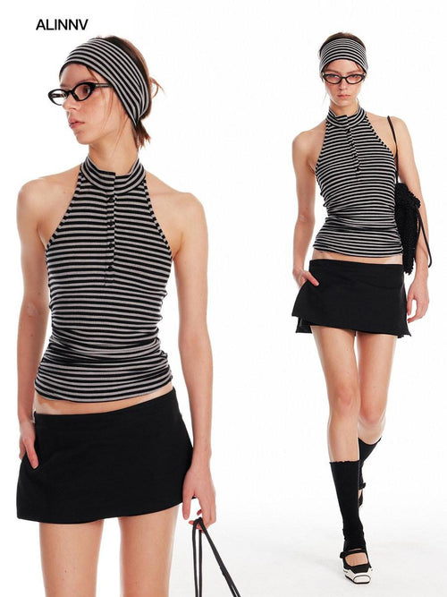 ALINNVSTUDIO Asymmetric Halter Striped Slim Fit Original Design Young Women Casual Tank Tops