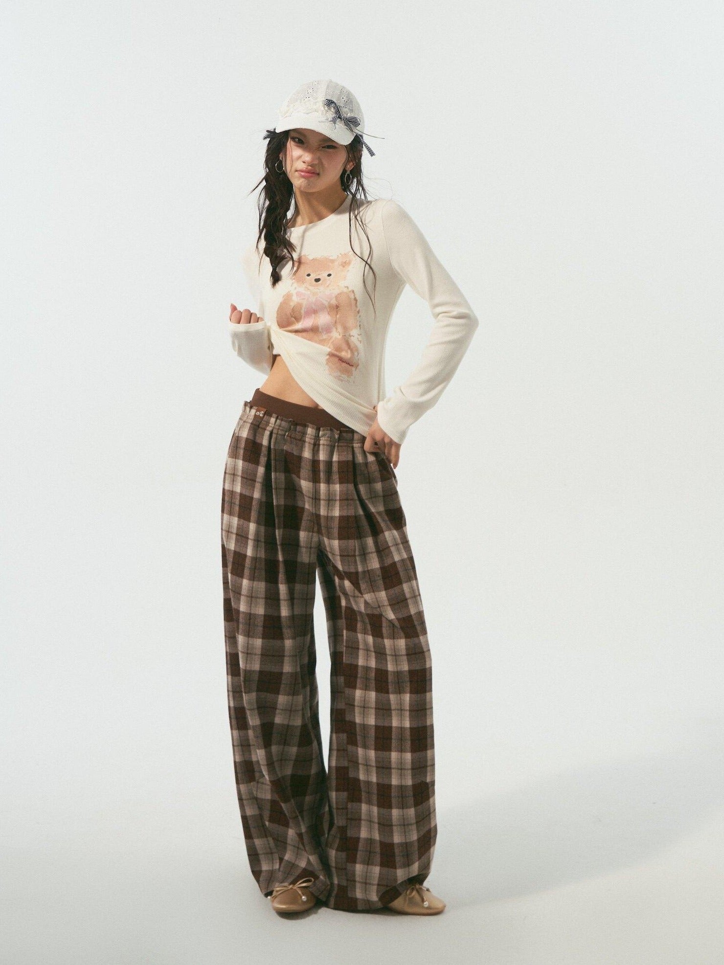 SOMESOWE Original Plaid Pocket Relaxed Curved Natural Waist Women Daily Grey Sweatpants