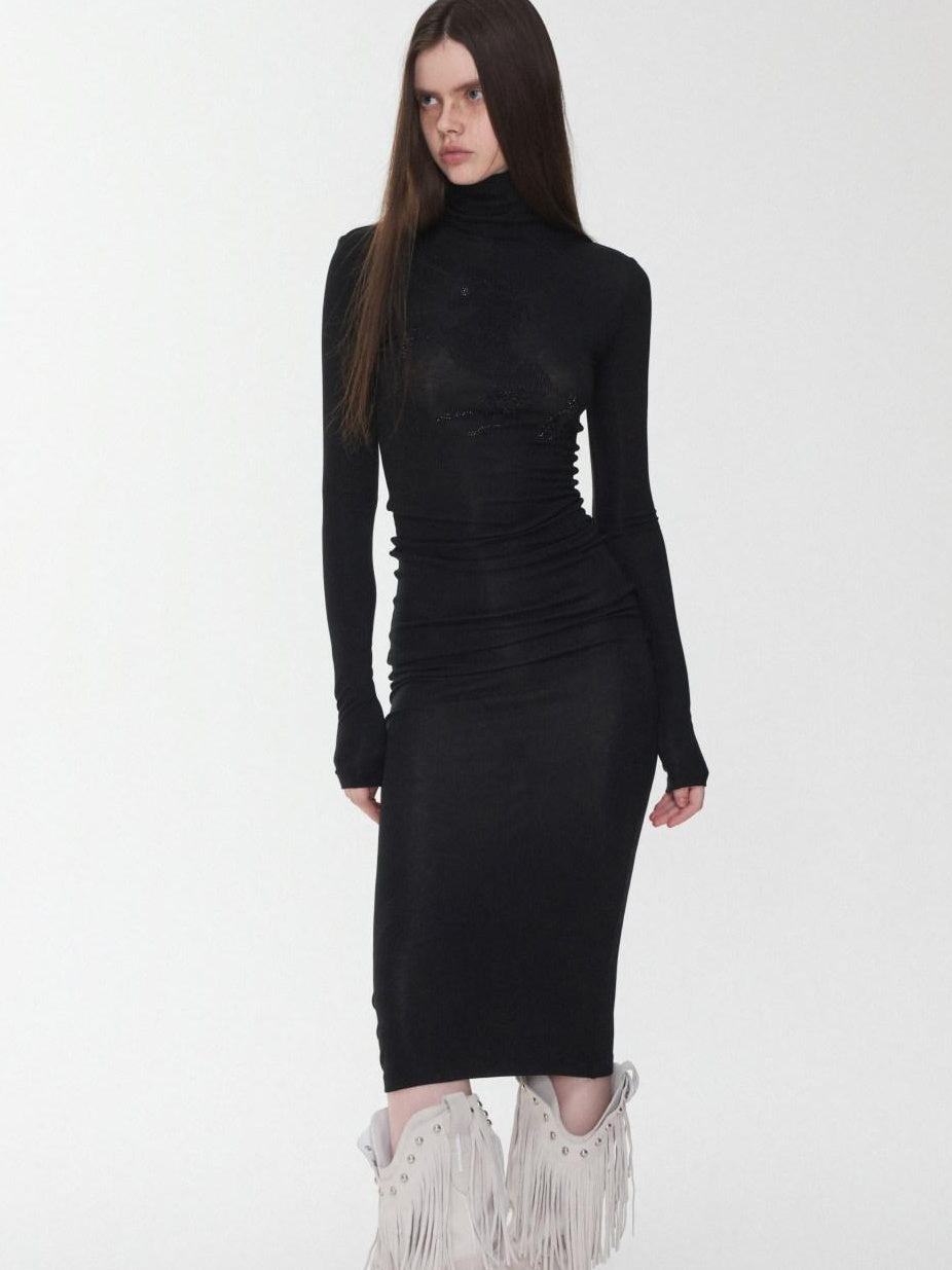 1JINN STUDIO Lyocell Wool Blend Turtleneck Long Sleeve Slim Fit Casual Women Mini Dresses