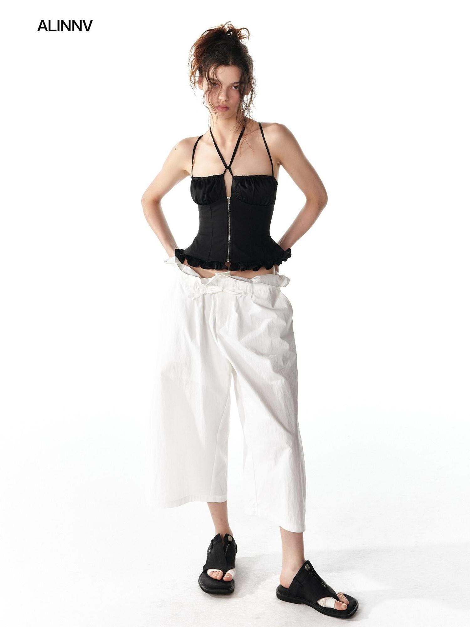 ALINNVSTUDIO Soft Cotton Blend High Waisted Wide Flowing Casual Black White Wide Leg Pants