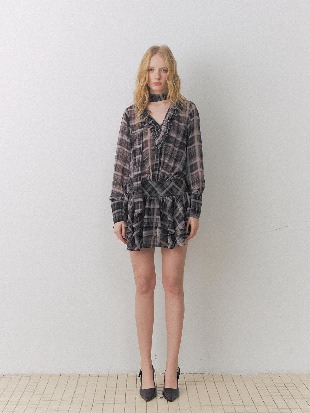 DeleteEx Chic Vintage Asymmetrical V-neck Slim Long Sleeve Plaid Citywalk Mini Dresses