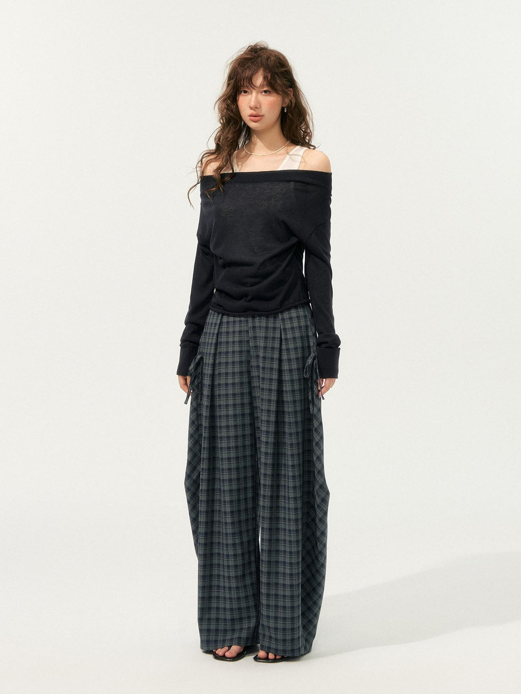 SOMESOWE Plaid Pocket Loose Fit Natural Waist Button Grey Casual Women Wide Leg Pants
