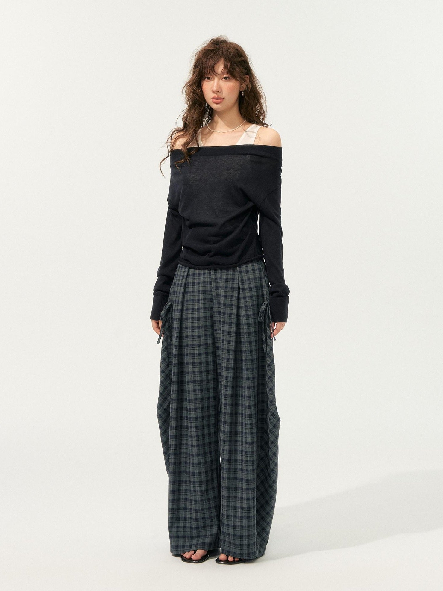SOMESOWE Plaid Pocket Loose Fit Natural Waist Button Grey Casual Women Wide Leg Pants