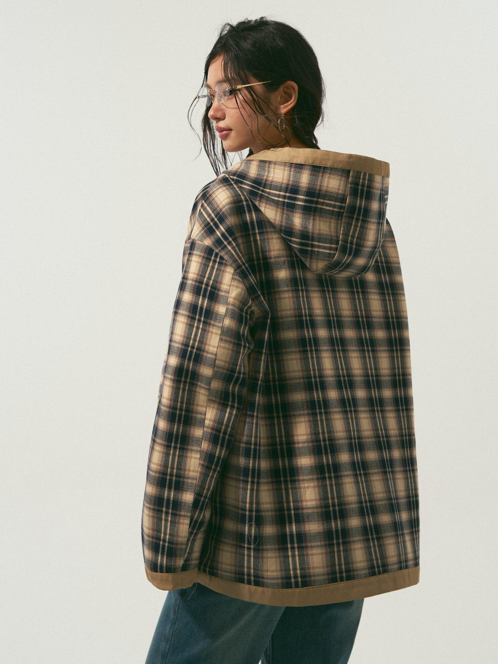SOMESOWE Versatile Hooded Mid Length Loose Fit Women Plaid Polyester Jackets