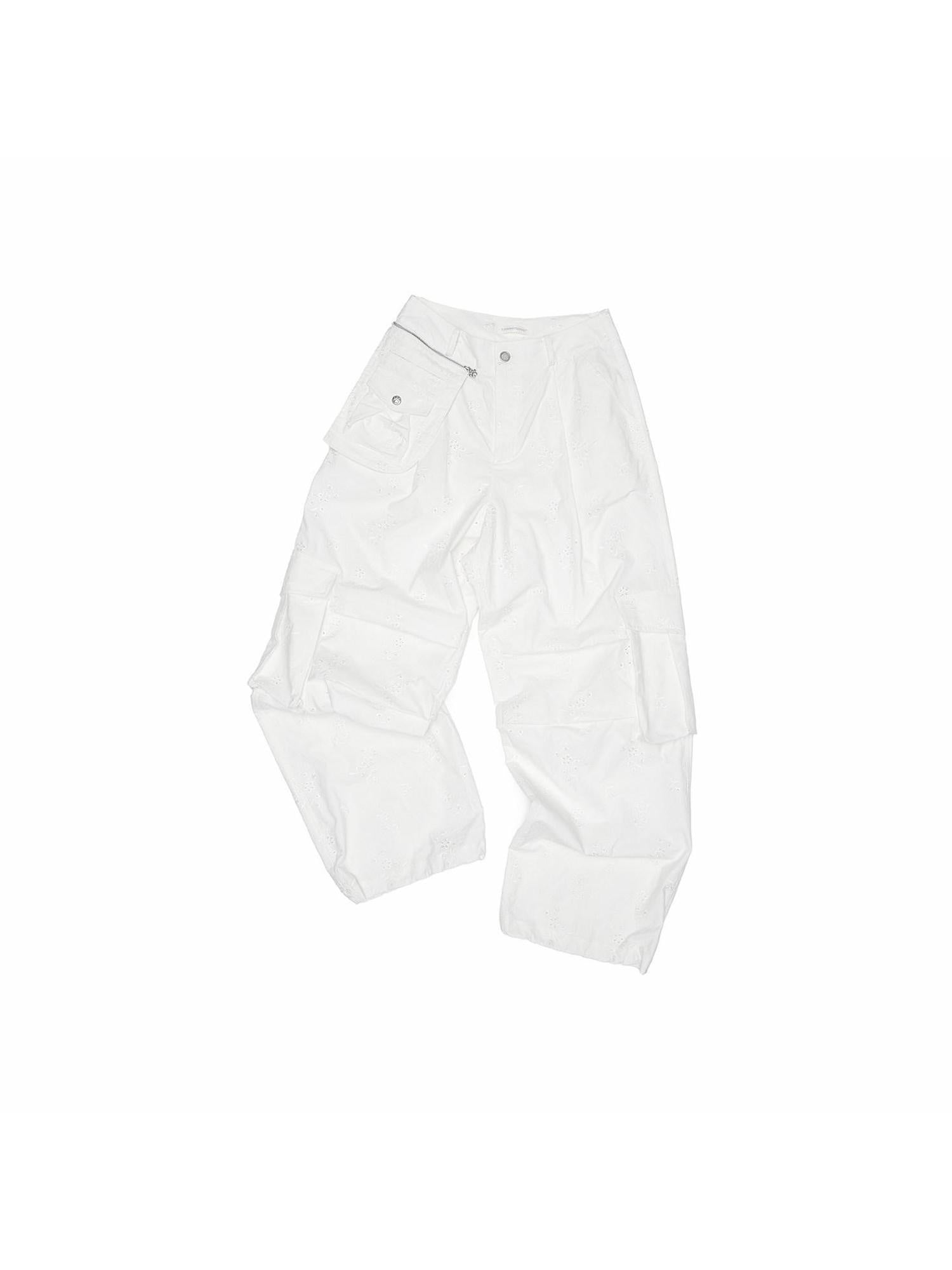 1JINN STUDIO Versatile Minimal Loose Flared Low Rise Zip Fly Cotton Jacquard Cargo Pants