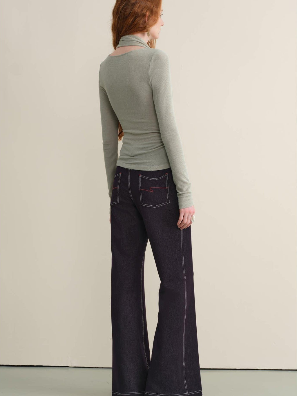 someonesometimes Stretch Minimal Natural Waist Topstitch Detail Women Midnight Blue Flared Jeans