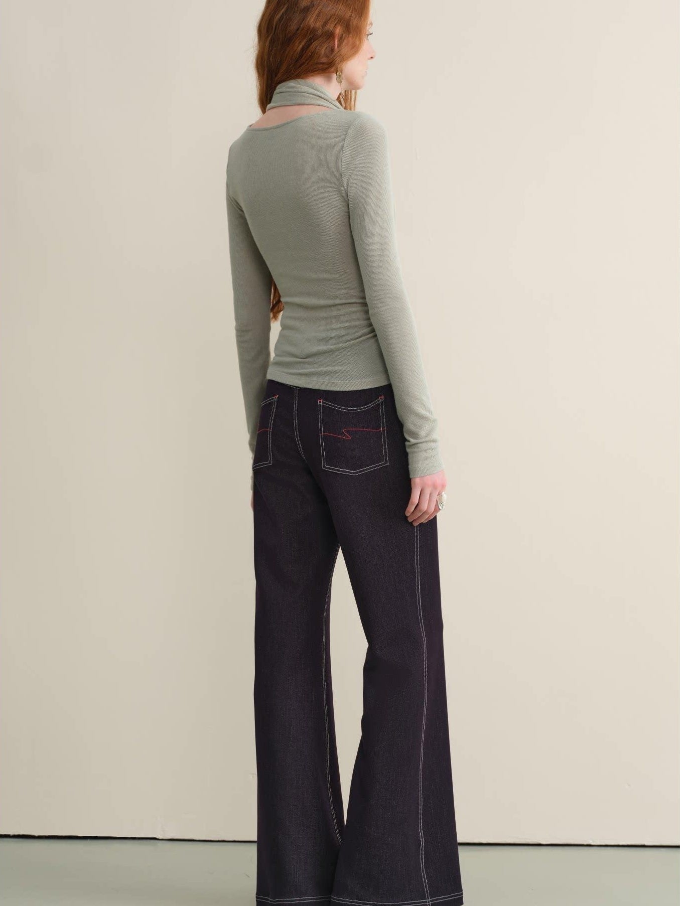 someonesometimes Stretch Minimal Natural Waist Topstitch Detail Women Midnight Blue Flared Jeans
