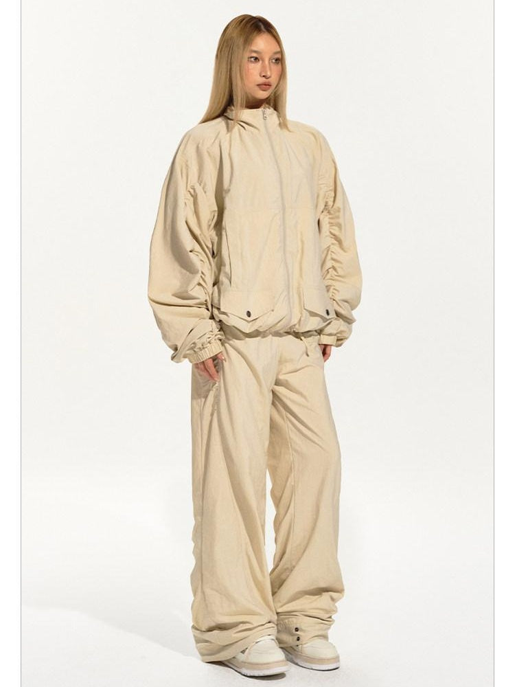 NAWSNOTAWEAR Pleated Detail Loose Fit Commuter Nylon Zip Front Turndown Collar Bomber Jackets