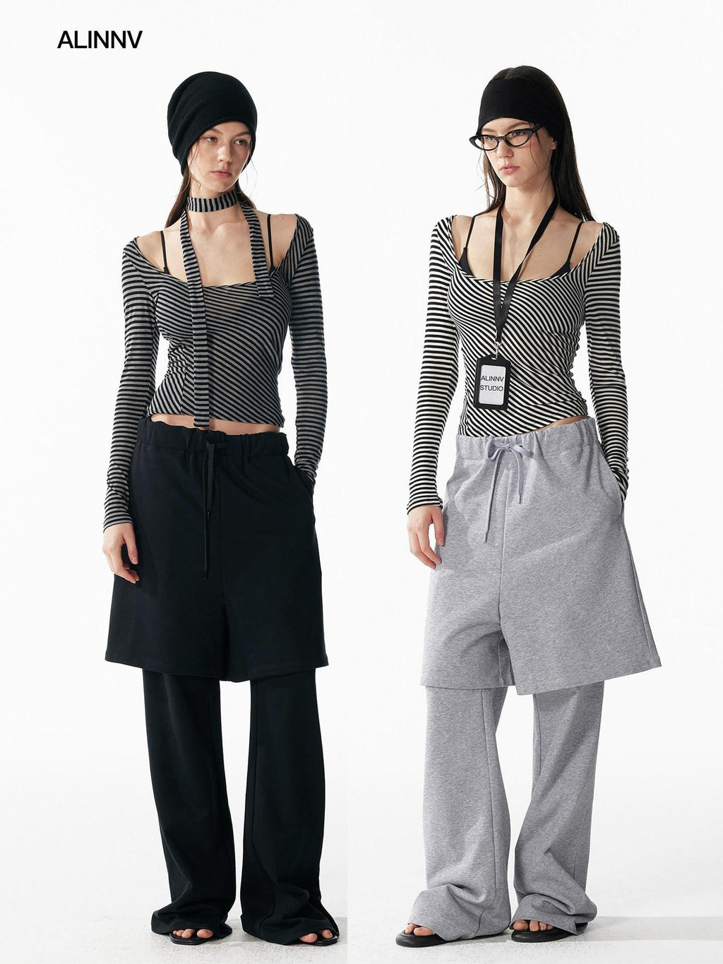 ALINNVSTUDIO Wool Blend Slim Fit Cropped Crewneck Striped Women Long Sleeve T-Shirts