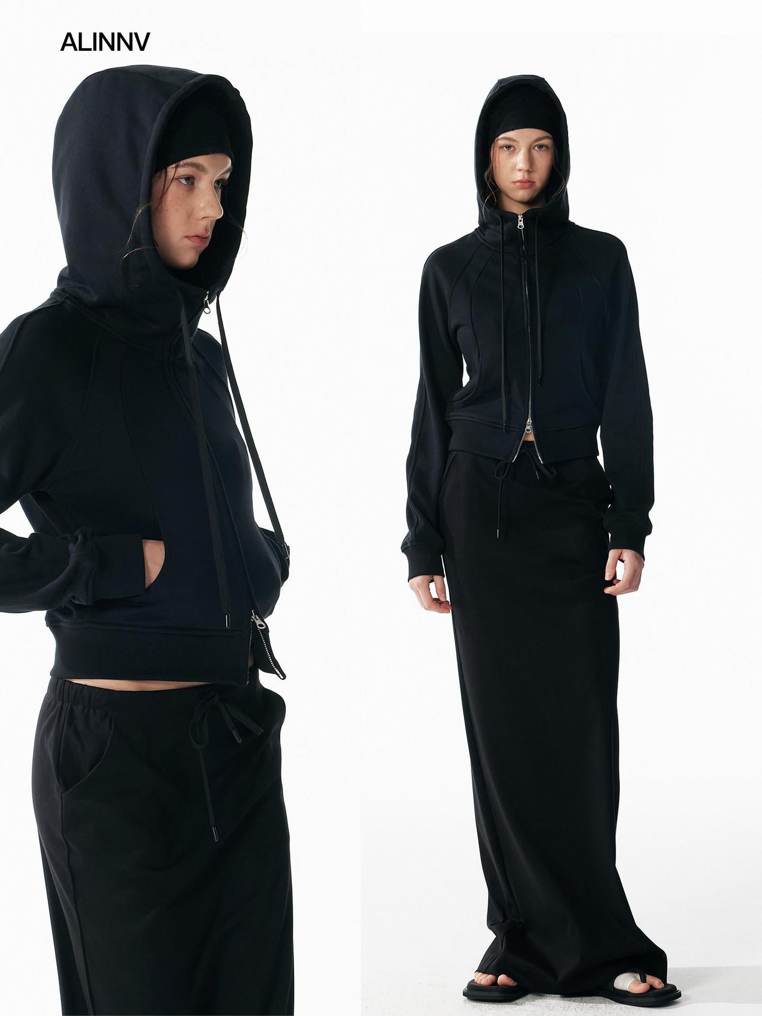 ALINNVSTUDIO Slim Fit Zip Up Cropped Hooded Streetwear Urban Solid Color Hoodie