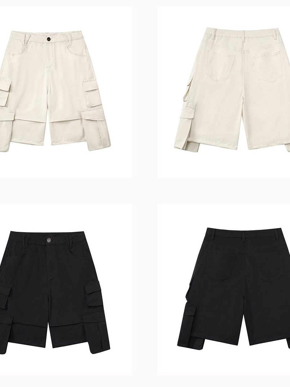 DeleteEx Button Fly Natural Waist Multi Pocket Casual Women Beige Black Mid-Length Shorts